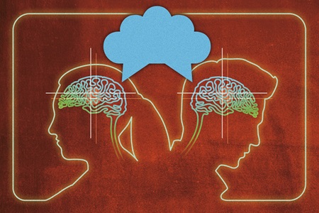 An illustration shows outlines of two human head silhouettes with brain line illustrations inside of them, and in between a shared cartoon thought bubble.
